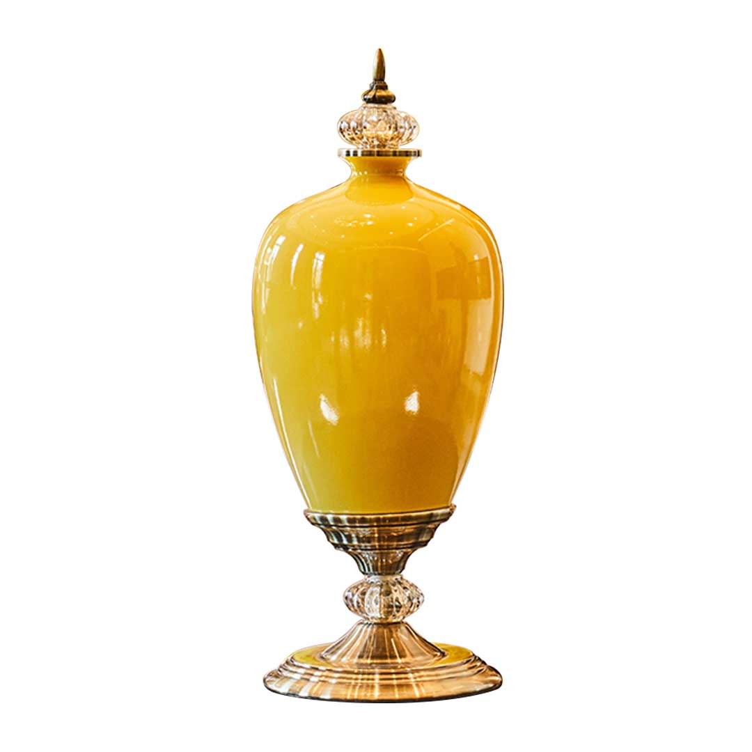 SOGA 42.50cm Ceramic Oval Flower Vase with Gold Metal Base Yellow - Cafe Supply