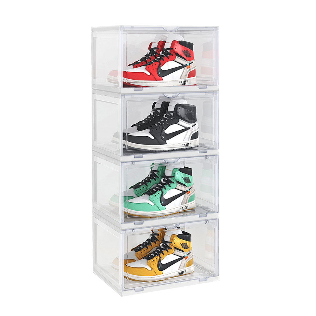 SOGA 4 Tier Transparent Portable Shoe Organiser Sneaker Footwear Folding Plastic Bin Stackable Storage Box with Magnetic Door - Cafe Supply