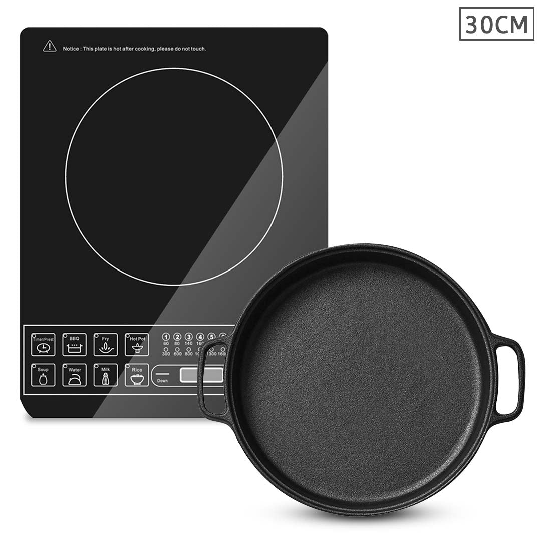 SOGA Electric Smart Induction Cooktop and 30cm Cast Iron Frying Pan Skillet Sizzle Platter - Cafe Supply