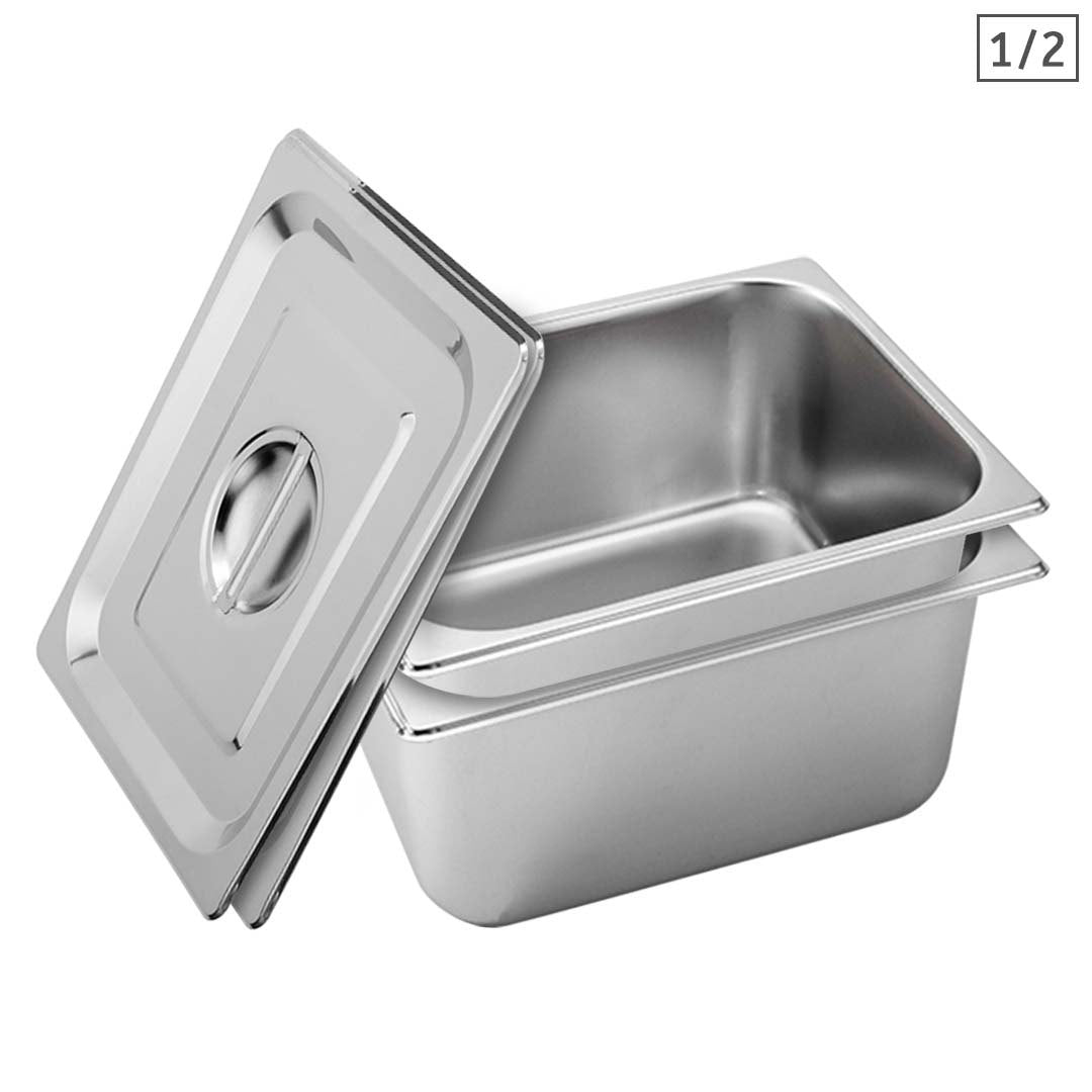 SOGA 2X Gastronorm GN Pan Full Size 1/2 GN Pan 20cm Deep Stainless Steel Tray With Lid - Cafe Supply