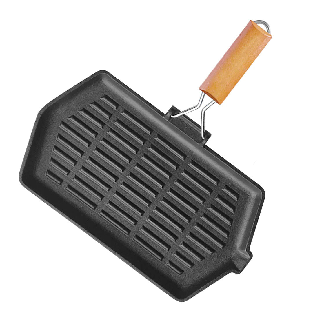SOGA Rectangular Cast Iron Griddle Grill Frying Pan with Folding Wooden Handle - Cafe Supply