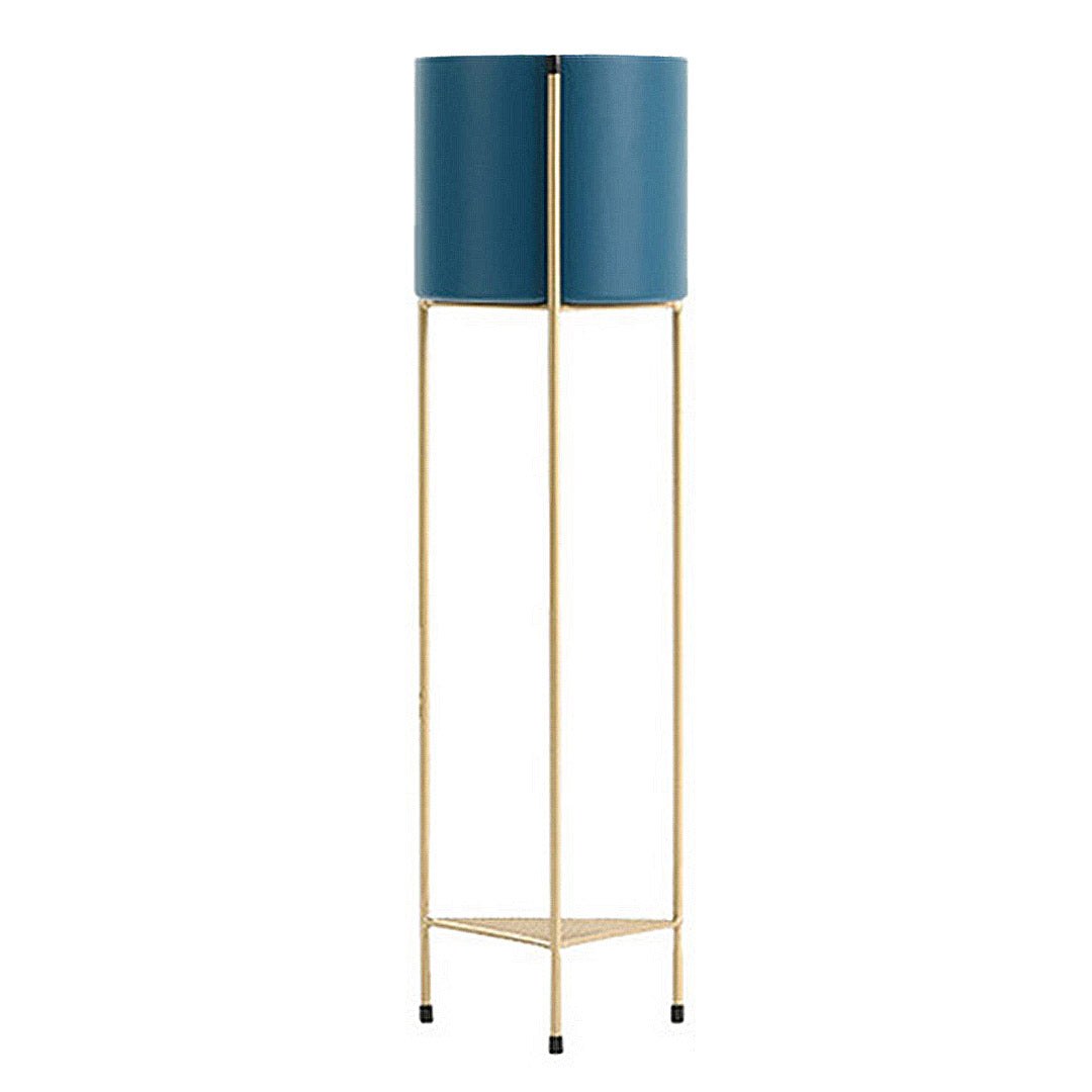 SOGA 2 Layer 81cm Gold Metal Plant Stand with Blue Flower Pot Holder Corner Shelving Rack Indoor Display - Cafe Supply