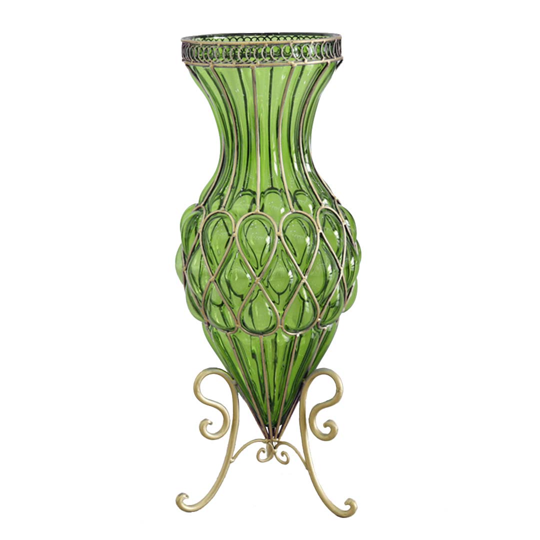 SOGA 67cm Green Glass Tall Floor Vase with Metal Flower Stand - Cafe Supply