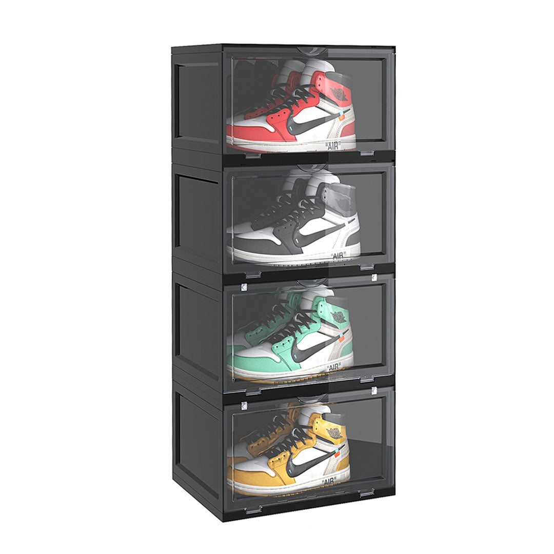 SOGA 4 Tier Black Portable Shoe Organiser Sneaker Footwear Folding Plastic Bin Stackable Storage Box with Magnetic Door - Cafe Supply