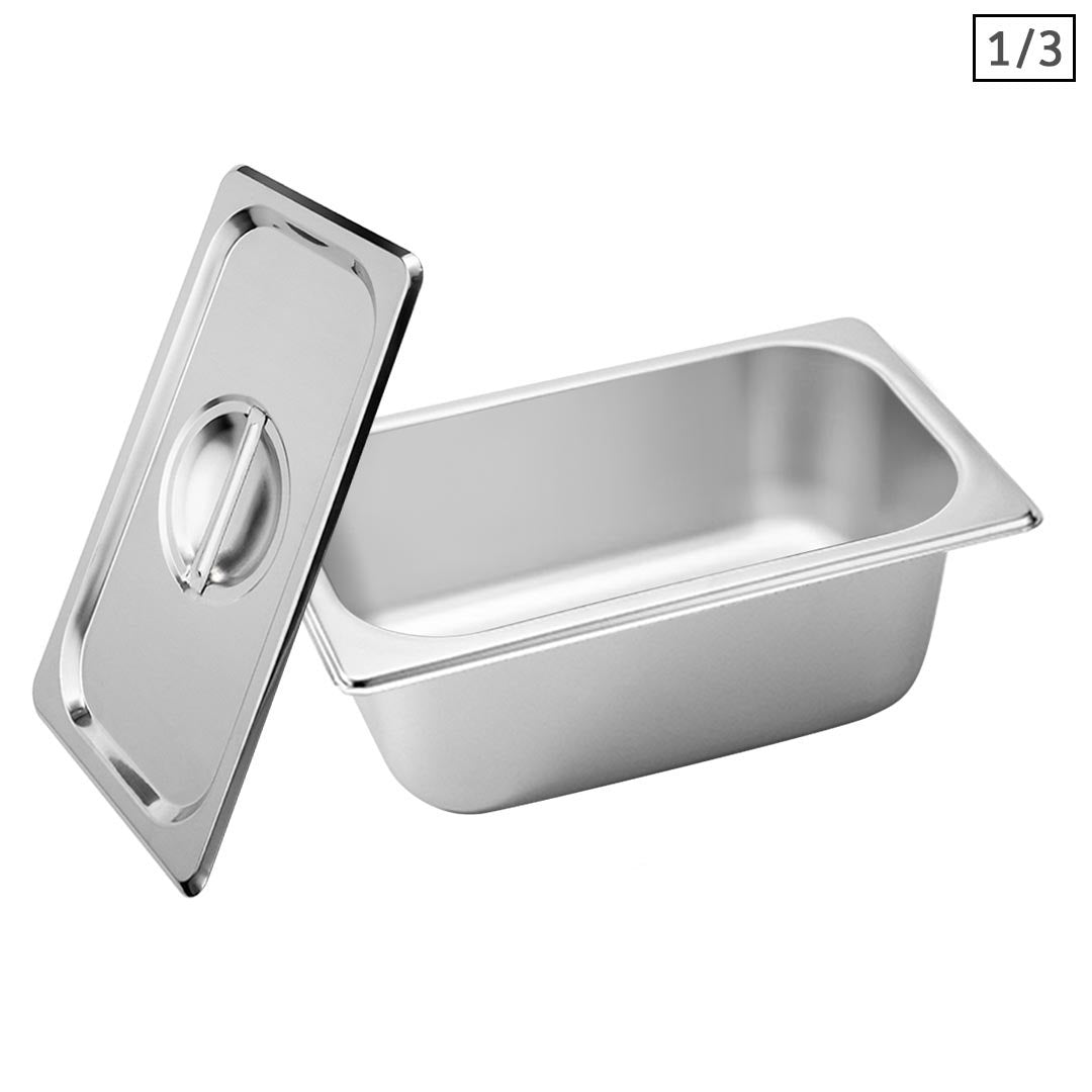 SOGA Gastronorm GN Pan Full Size 1/3 GN Pan 10cm Deep Stainless Steel Tray With Lid - Cafe Supply