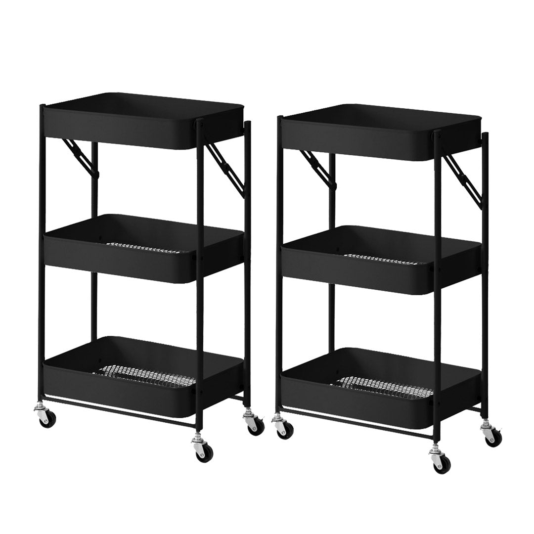 SOGA 2X 3 Tier Steel Black Foldable Kitchen Cart Multi-Functional Shelves Portable Storage Organizer with Wheels - Cafe Supply