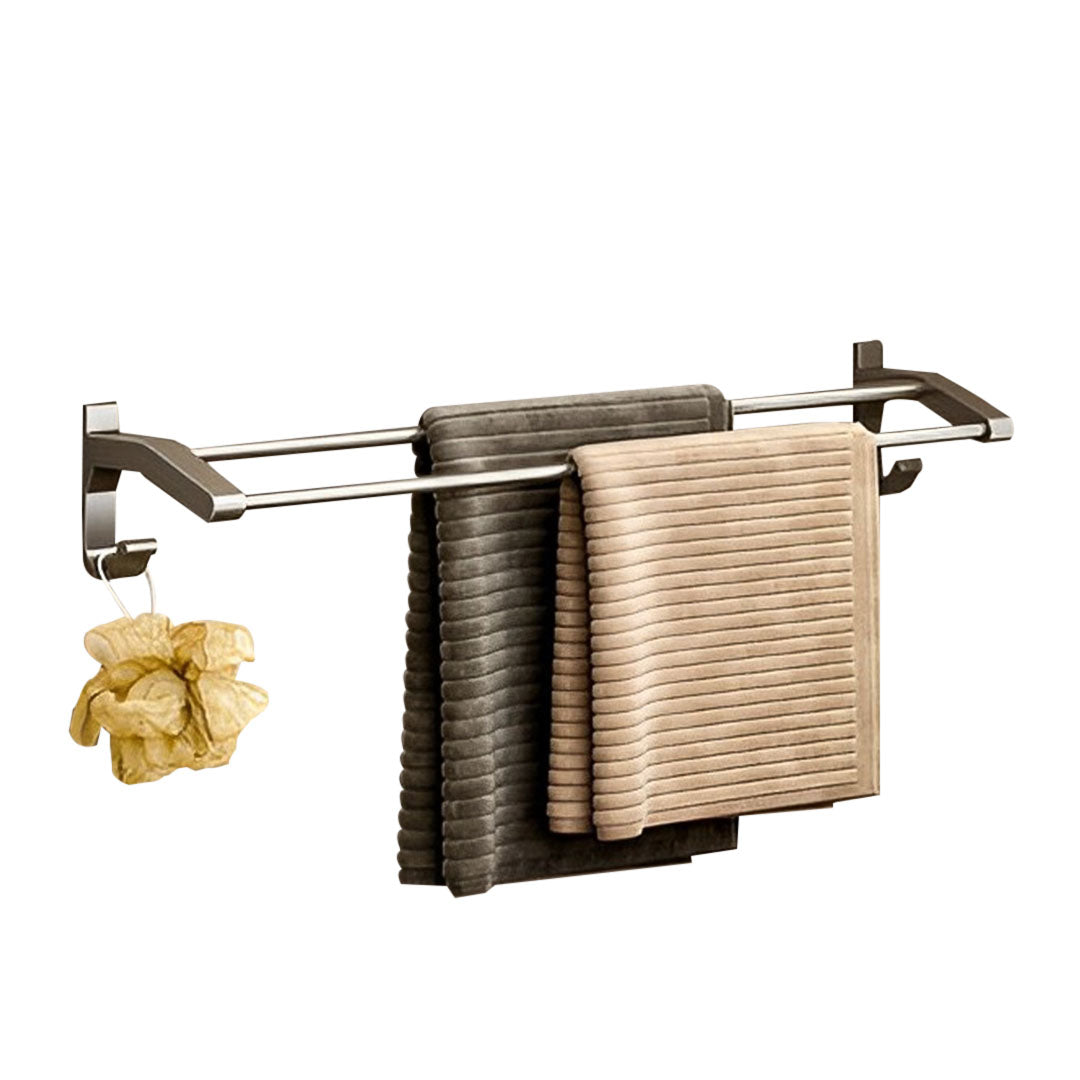 SOGA 62cm Gray Wall-Mounted Double Pole Towel Holder Bathroom Organiser Rail Hanger with Hooks - Cafe Supply