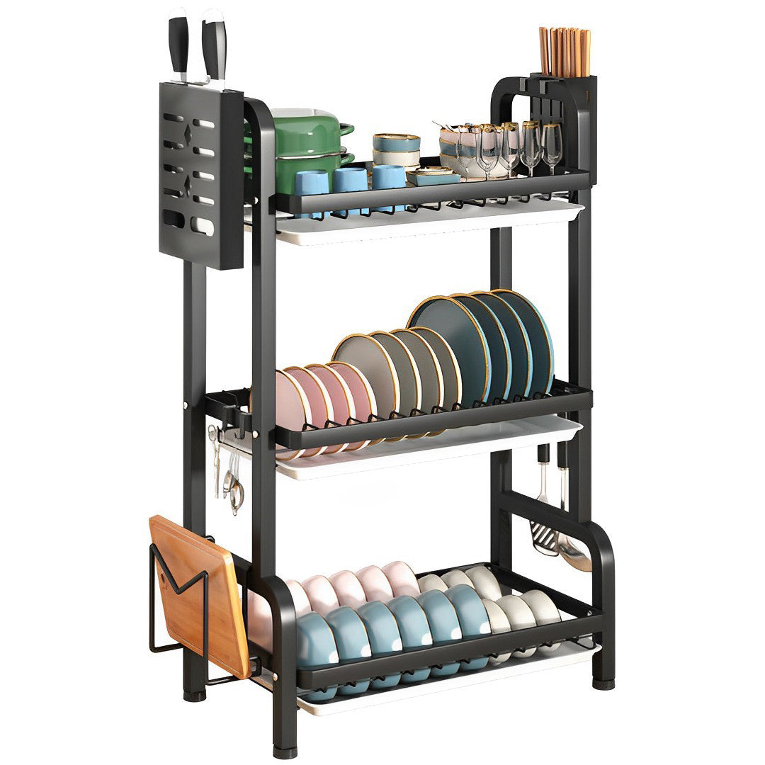SOGA 3 Tier 62cm Steel Black Kitchen Countertop Drying Rack Dish Plate Cutlery Cutting Board Holder Dish Drainer Kitchen Organiser - Cafe Supply