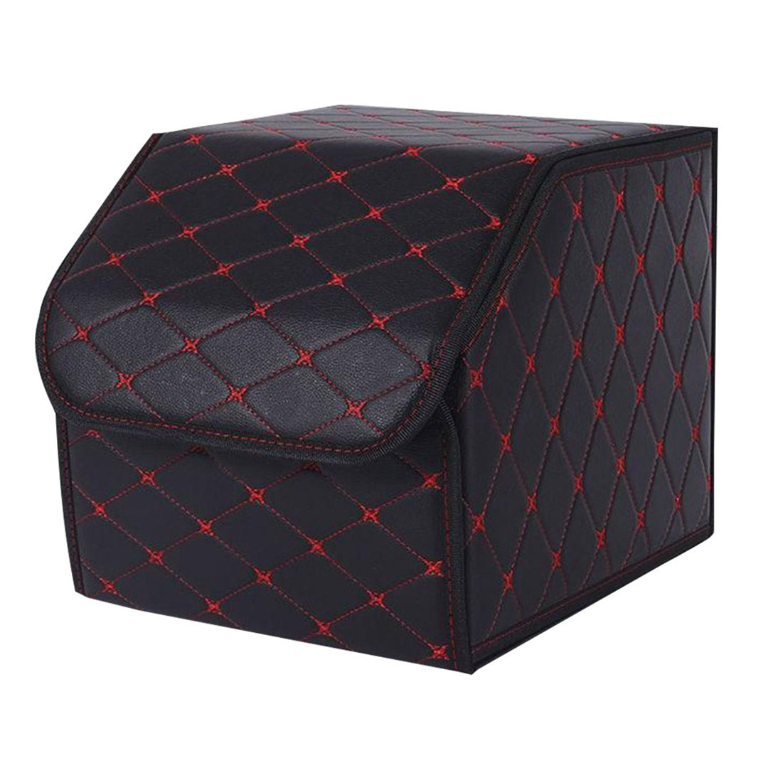 SOGA Leather Car Boot Collapsible Foldable Trunk Cargo Organizer Portable Storage Box Black/Red Stitch Small - Cafe Supply