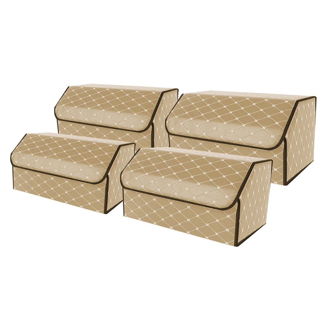 SOGA 4X Leather Car Boot Collapsible Foldable Trunk Cargo Organizer Portable Storage Box Beige/Gold Stitch Large - Cafe Supply