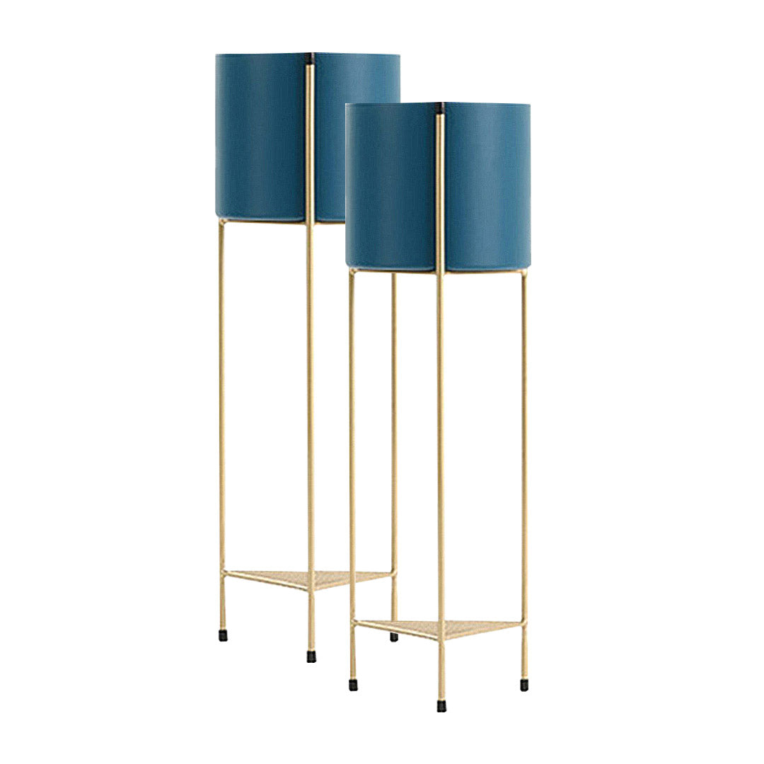 SOGA 2X 2 Layer 65cm Gold Metal Plant Stand with Blue Flower Pot Holder Corner Shelving Rack Indoor Display - Cafe Supply