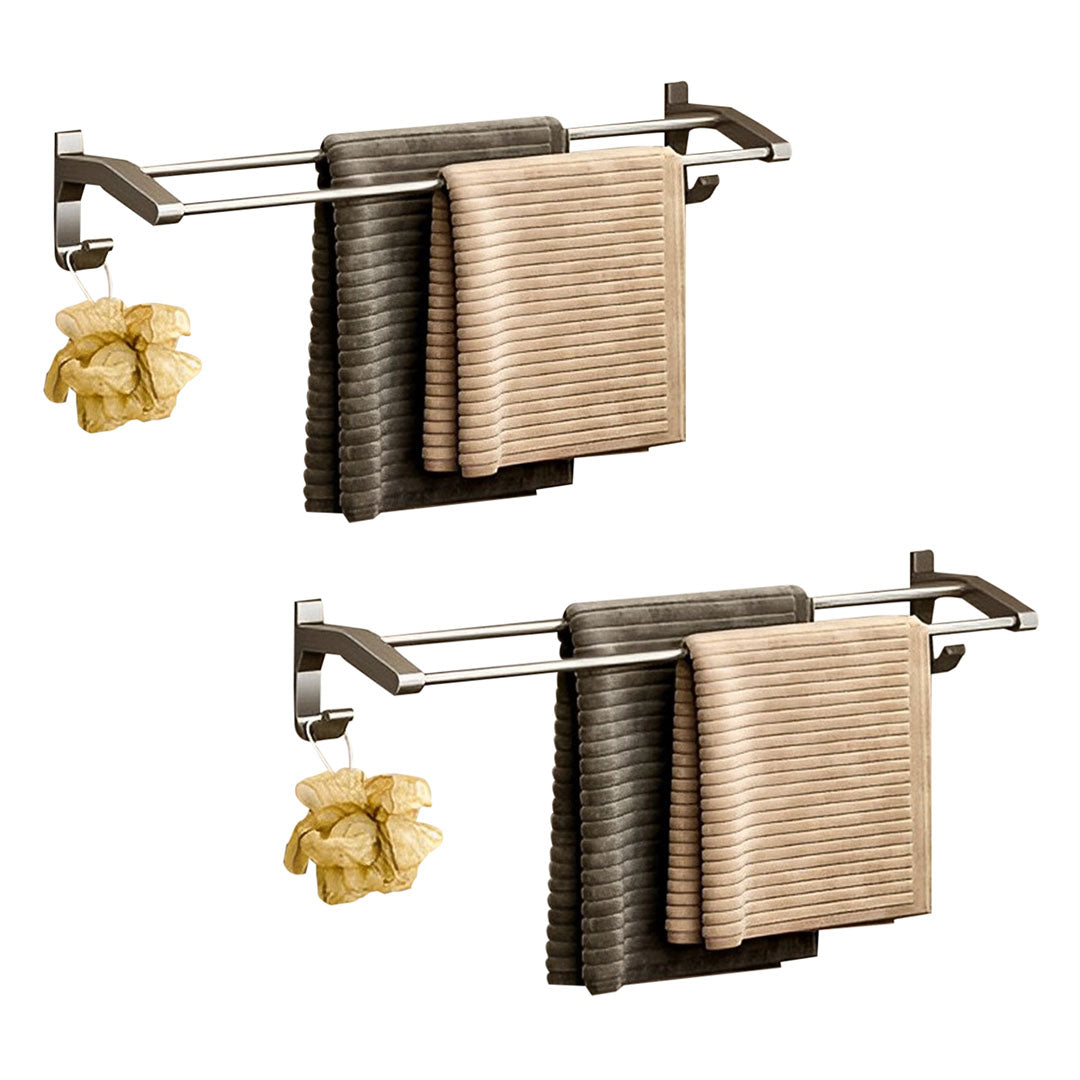 SOGA 2X 62cm Gray Wall-Mounted Double Pole Towel Holder Bathroom Organiser Rail Hanger with Hooks - Cafe Supply