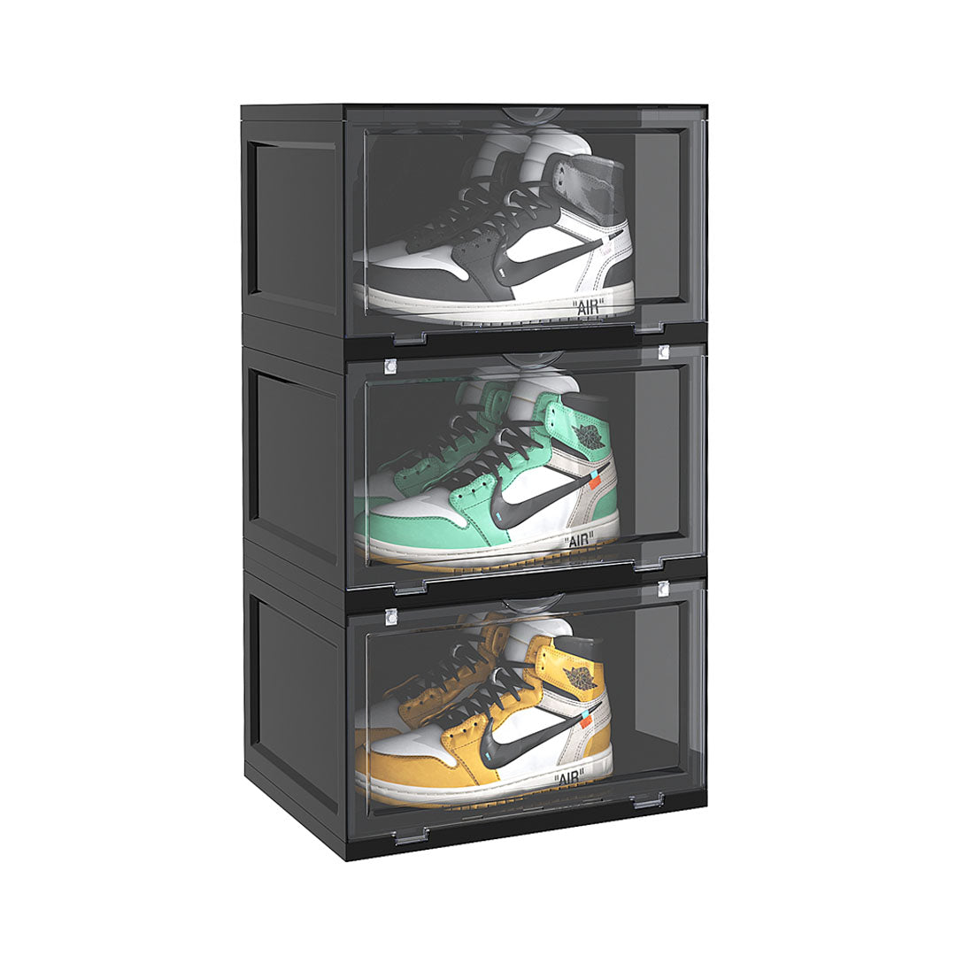SOGA 3 Tier Black Portable Shoe Organiser Sneaker Footwear Folding Plastic Bin Stackable Storage Box with Magnet Doors - Cafe Supply