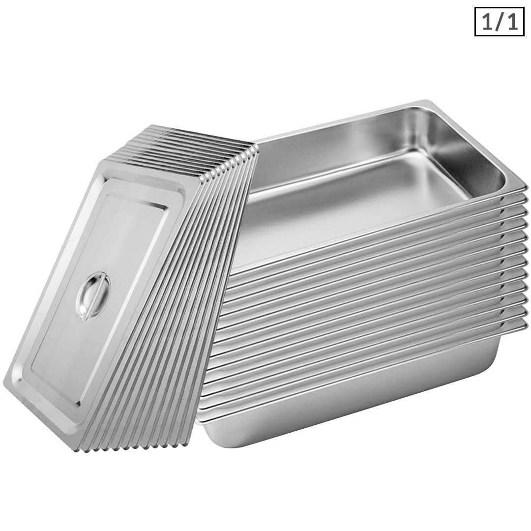 SOGA 12X Gastronorm GN Pan Full Size 1/1 GN Pan 10cm Deep Stainless Steel Tray With Lid - Cafe Supply