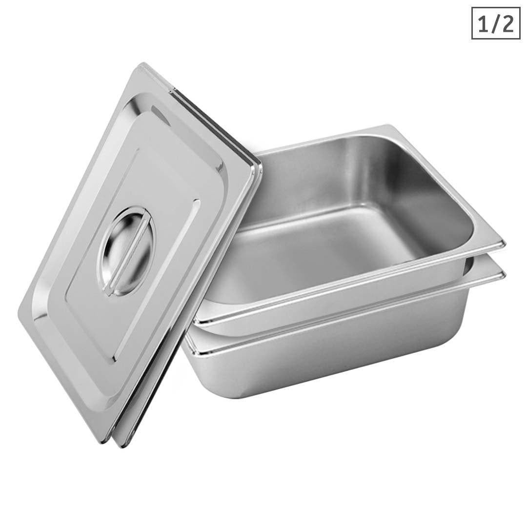 SOGA 2X Gastronorm GN Pan Full Size 1/2 GN Pan 10cm Deep Stainless Steel Tray With Lid - Cafe Supply