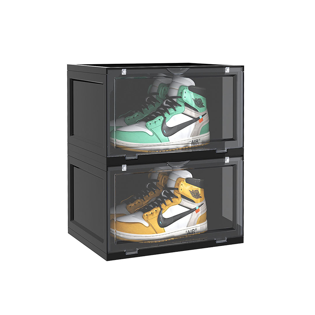 SOGA 2 Tier Black Portable Shoe Organiser Sneaker Footwear Folding Plastic Bin Stackable Storage Box with Magnetic Door - Cafe Supply