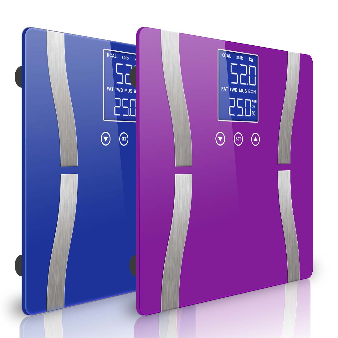 SOGA 2X Glass LCD Digital Body Fat Scale Bathroom Electronic Gym Water Weighing Scales Blue/Purple - Cafe Supply