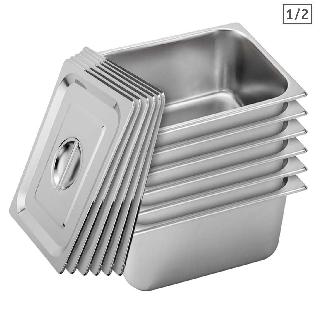 SOGA 6X Gastronorm GN Pan Full Size 1/2 GN Pan 20cm Deep Stainless Steel Tray With Lid - Cafe Supply