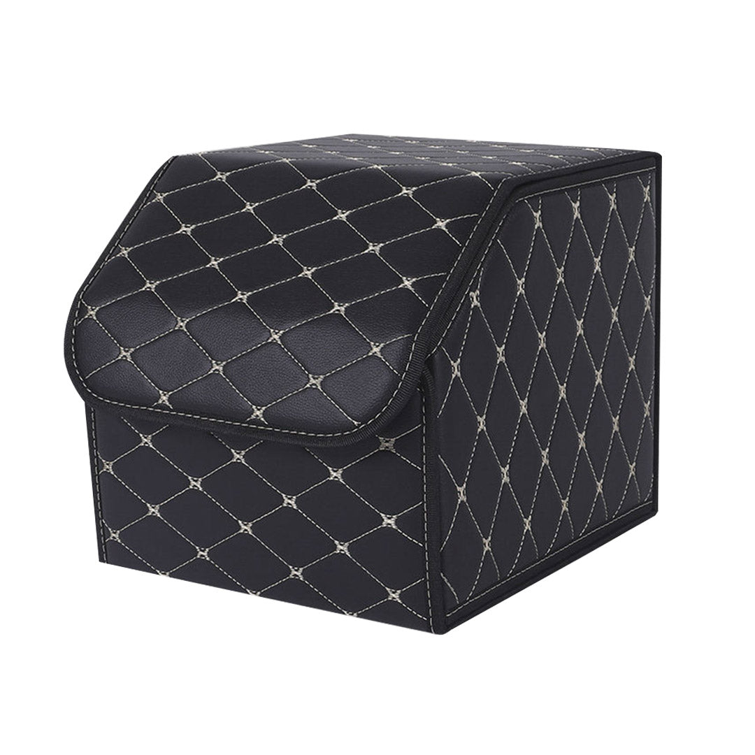 SOGA Leather Car Boot Collapsible Foldable Trunk Cargo Organizer Portable Storage Box Black/Gold Stitch Small - Cafe Supply