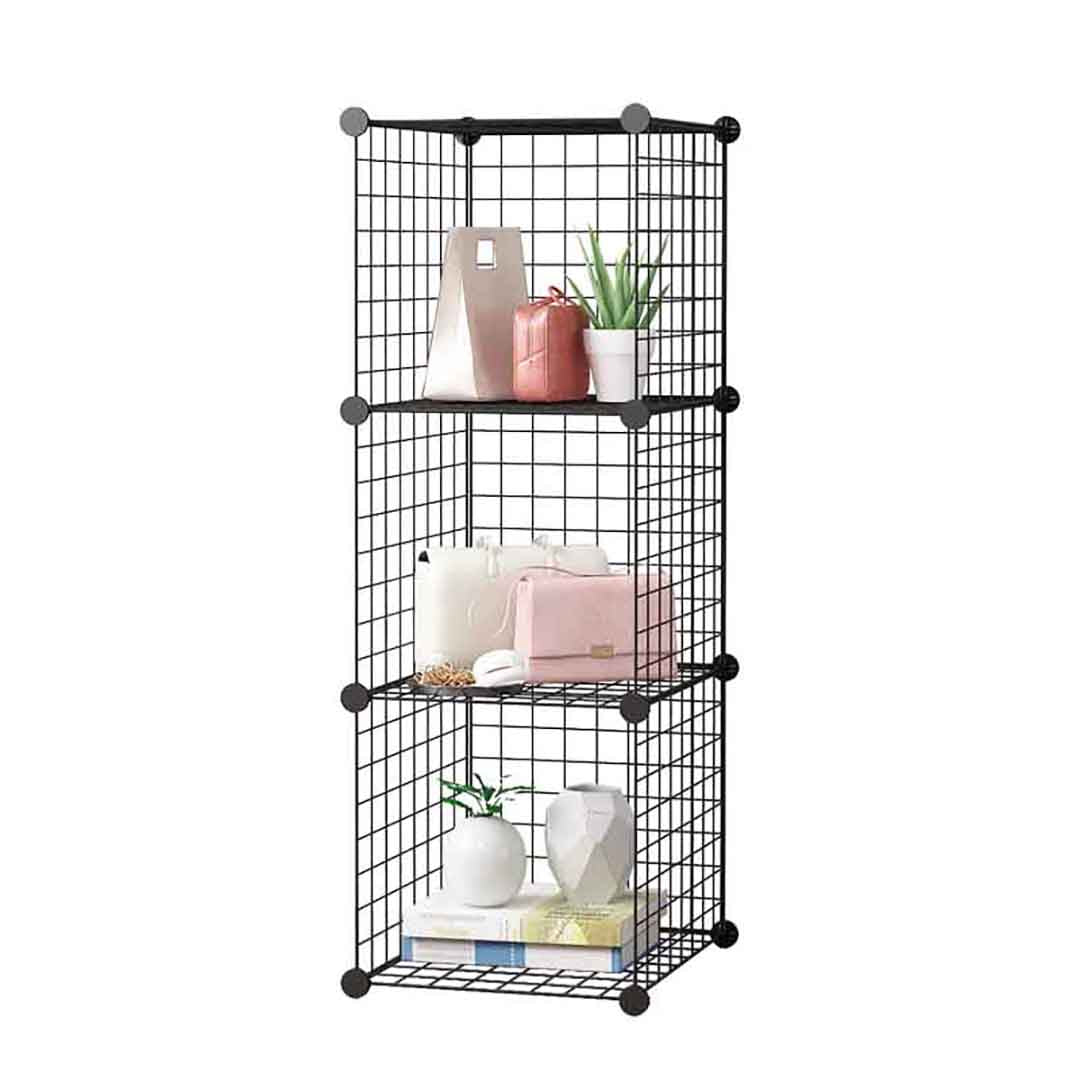 SOGA Black Portable 3 Tier Cube Storage Organiser Foldable DIY Modular Grid Space Saving Shelf - Cafe Supply