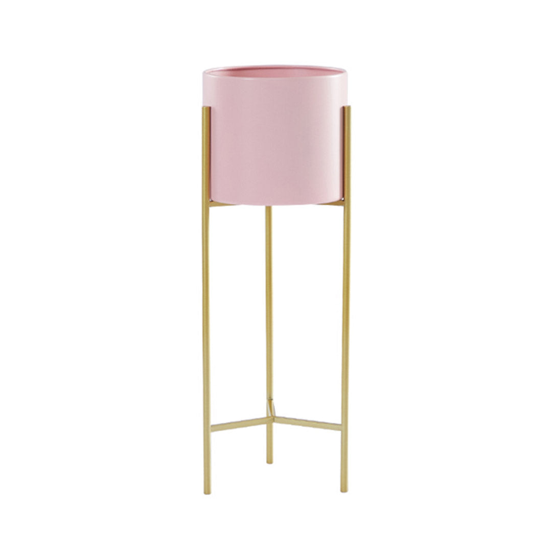 SOGA 2 Layer 42cm Gold Metal Plant Stand with Pink Flower Pot Holder Corner Shelving Rack Indoor Display - Cafe Supply