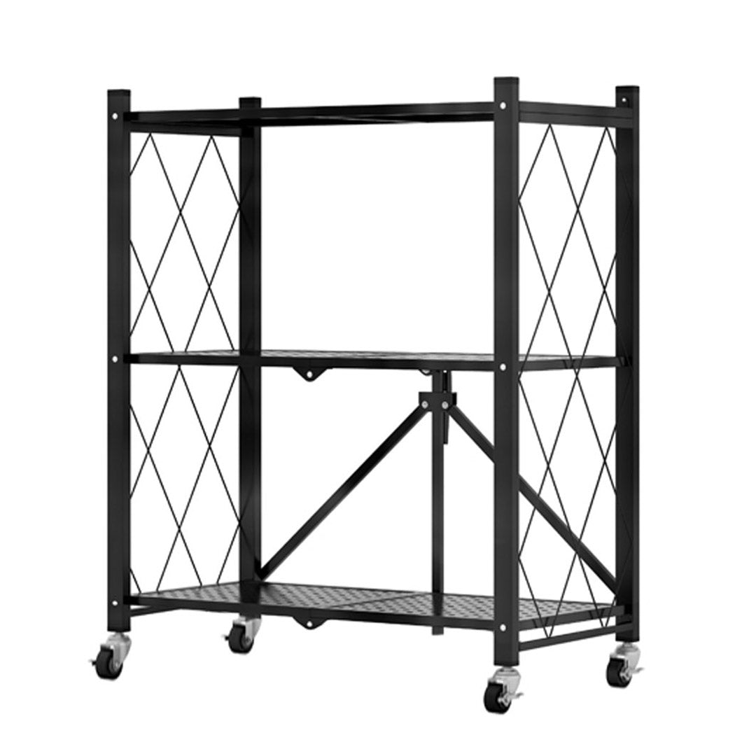 SOGA 3 Tier Steel Black Foldable Kitchen Cart Multi-Functional Shelves Portable Storage Organizer with Wheels - Cafe Supply
