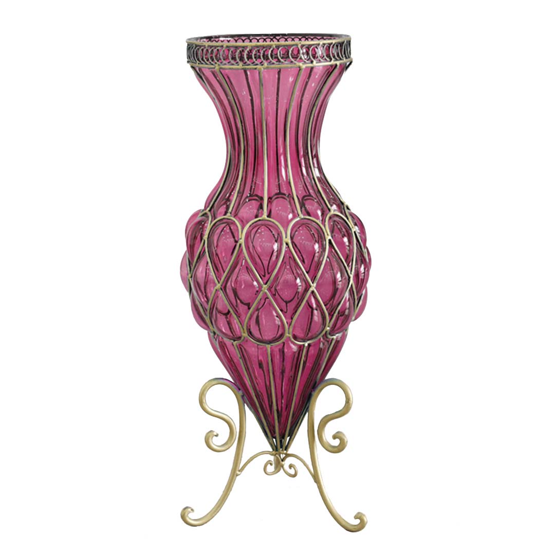 SOGA 67cm Purple Glass Tall Floor Vase with Metal Flower Stand - Cafe Supply