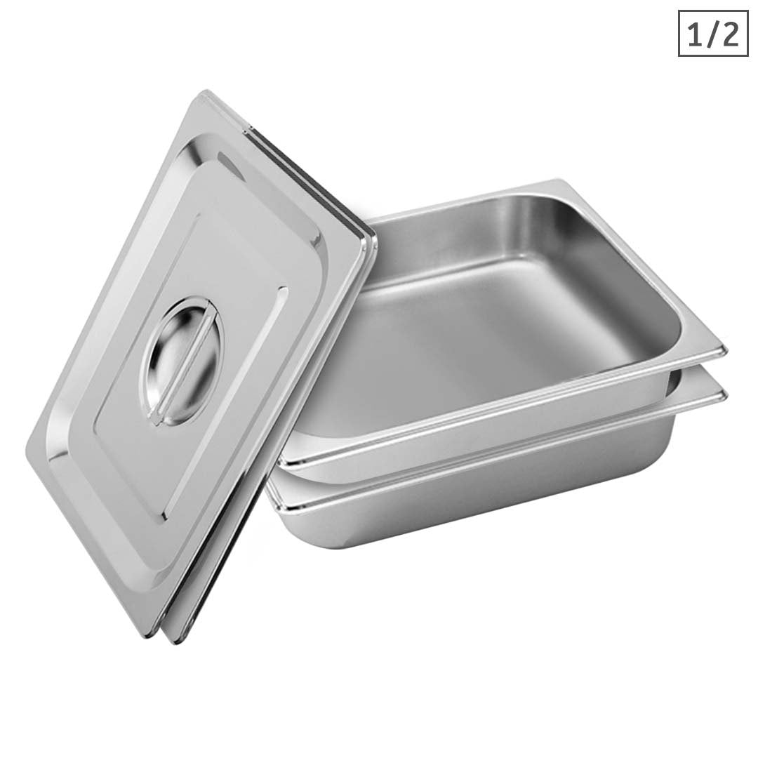 SOGA 2X Gastronorm GN Pan Full Size 1/2 GN Pan 6.5cm Deep Stainless Steel Tray With Lid - Cafe Supply