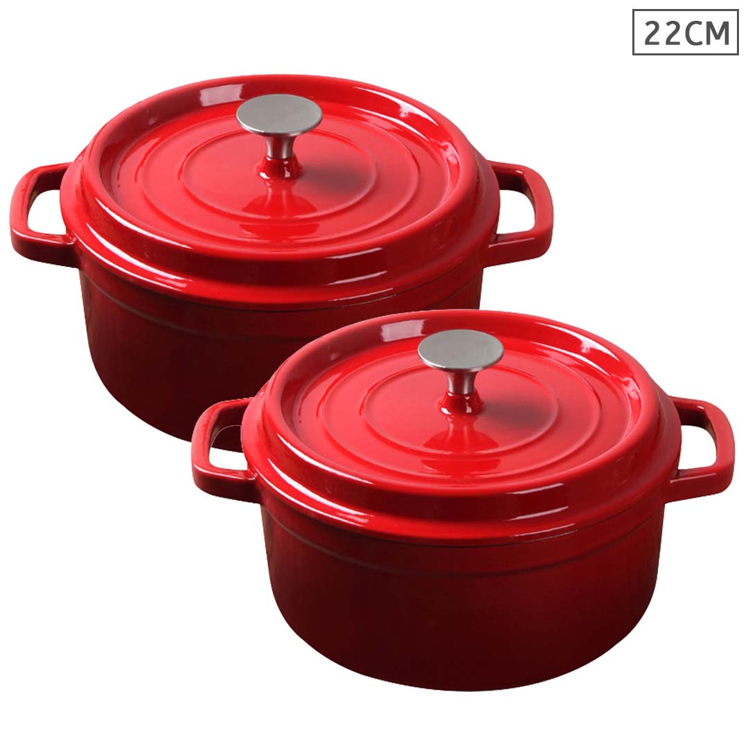 SOGA 2X Cast Iron 22cm Enamel Porcelain Stewpot Casserole Stew Cooking Pot With Lid Red - Cafe Supply