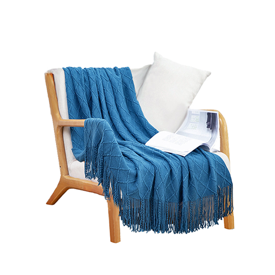 SOGA Blue Diamond Pattern Knitted Throw Blanket Warm Cozy Woven Cover Couch Bed Sofa Home Decor with Tassels - Cafe Supply