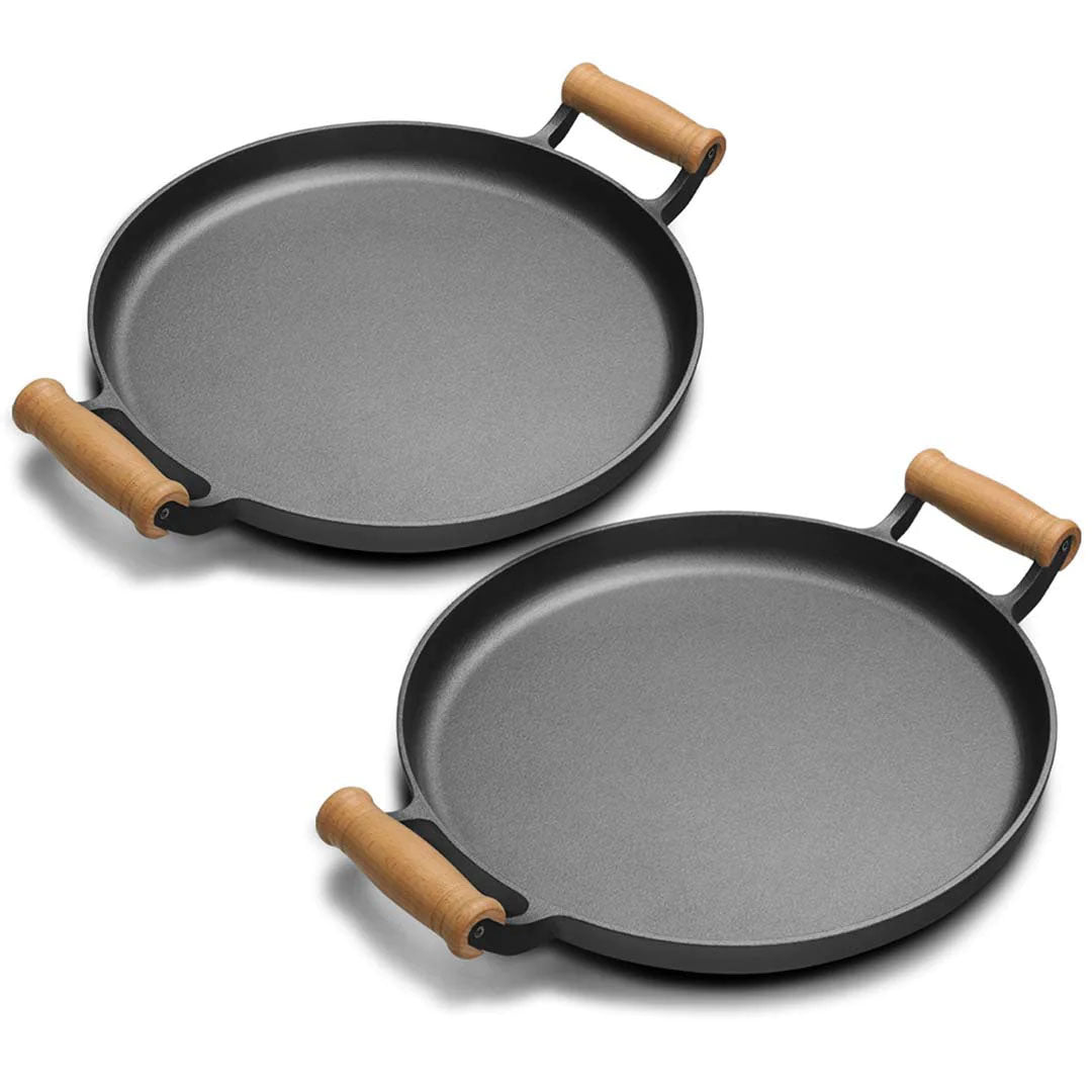 SOGA 2X 35cm Cast Iron Frying Pan Skillet Steak Sizzle Fry Platter With Wooden Handle No Lid - Cafe Supply