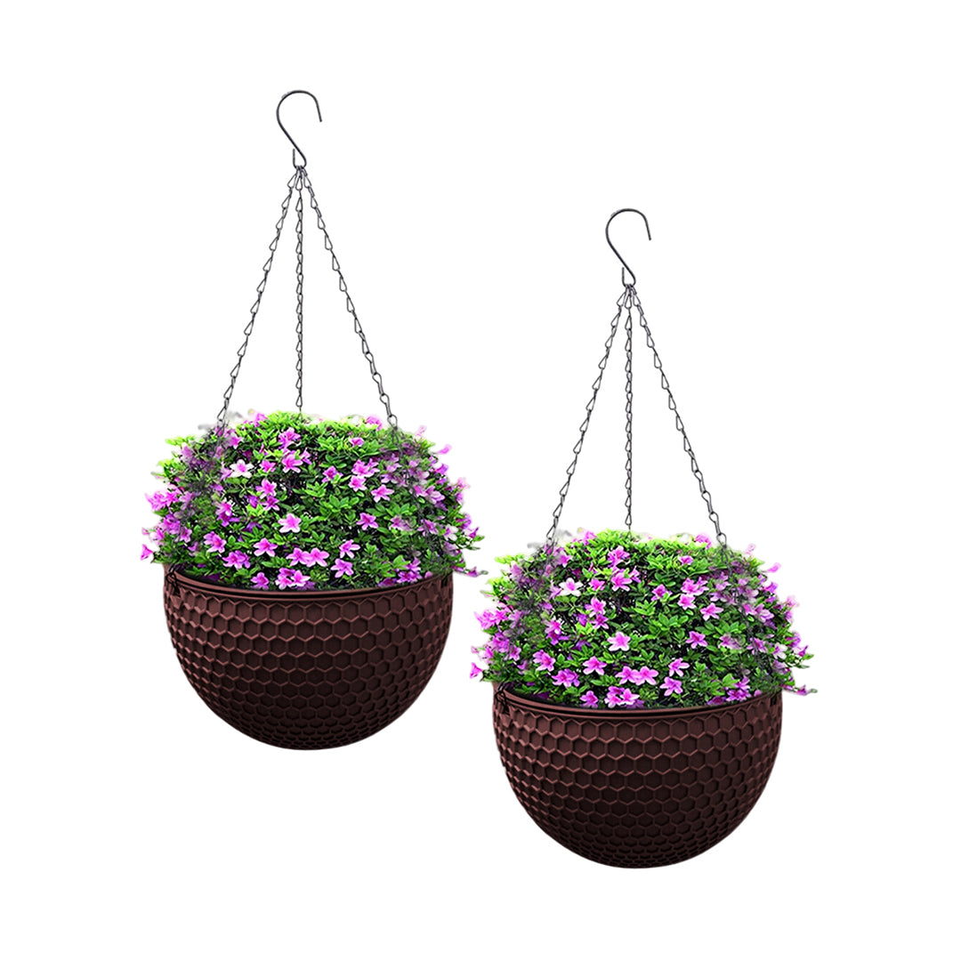 SOGA 2X Coffee Small Hanging Resin Flower Pot Self Watering Basket Planter Outdoor Garden Decor - Cafe Supply