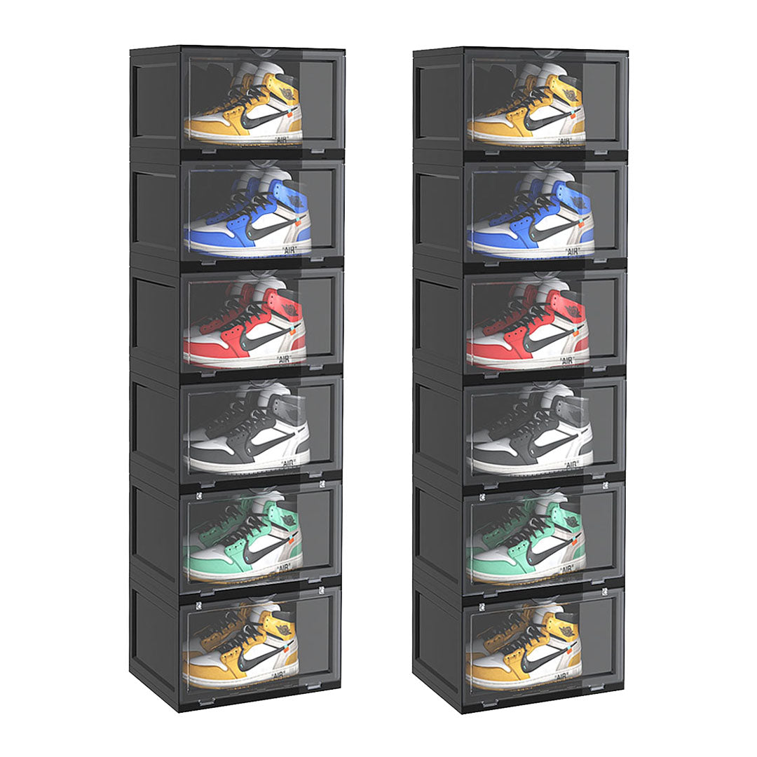 SOGA 2X 6 Tier Black Portable Shoe Organiser Sneaker Footwear Folding Plastic Bin Stackable Storage Box with Magnetic Door - Cafe Supply