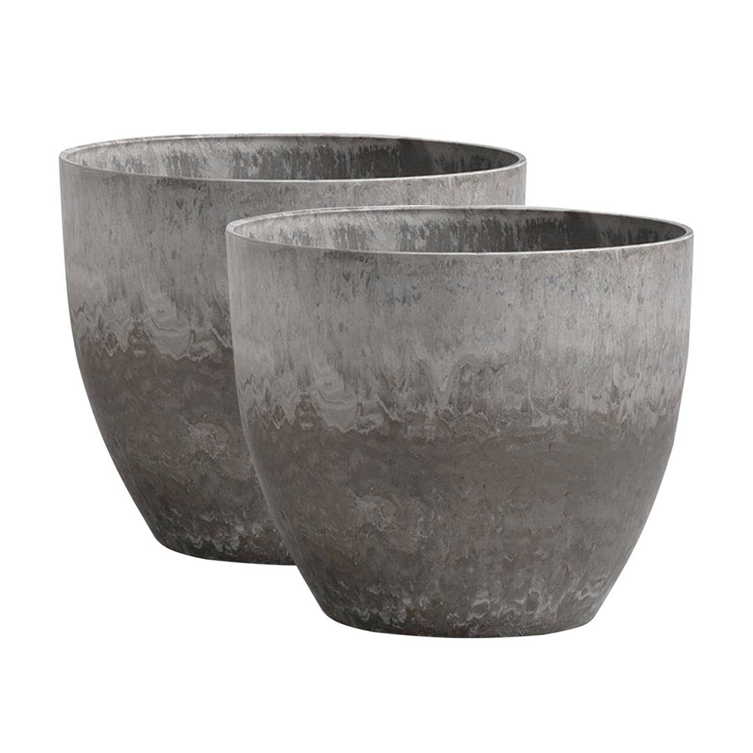 SOGA 2X 32cm Rock Grey Round Resin Plant Flower Pot in Cement Pattern Planter Cachepot for Indoor Home Office - Cafe Supply