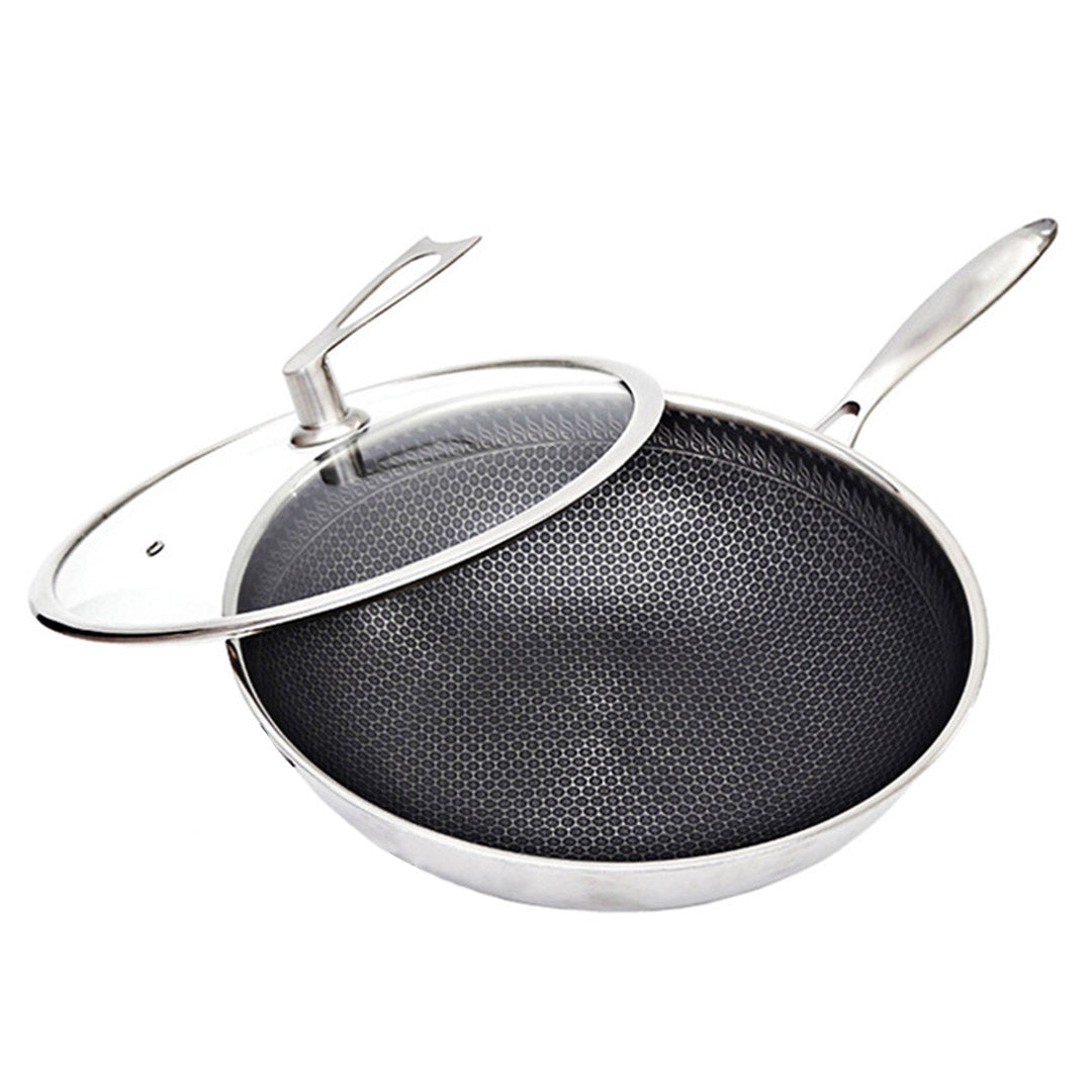 SOGA 32cm Stainless Steel Tri-Ply Frying Cooking Fry Pan Textured Non Stick Interior Skillet with Glass Lid - Cafe Supply