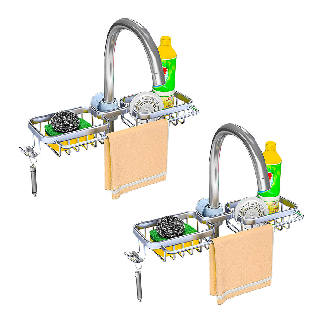 SOGA 2X Silver Kitchen Sink Organiser Faucet Soap Sponge Caddy Rack Drainer with Towel Bar Holder - Cafe Supply