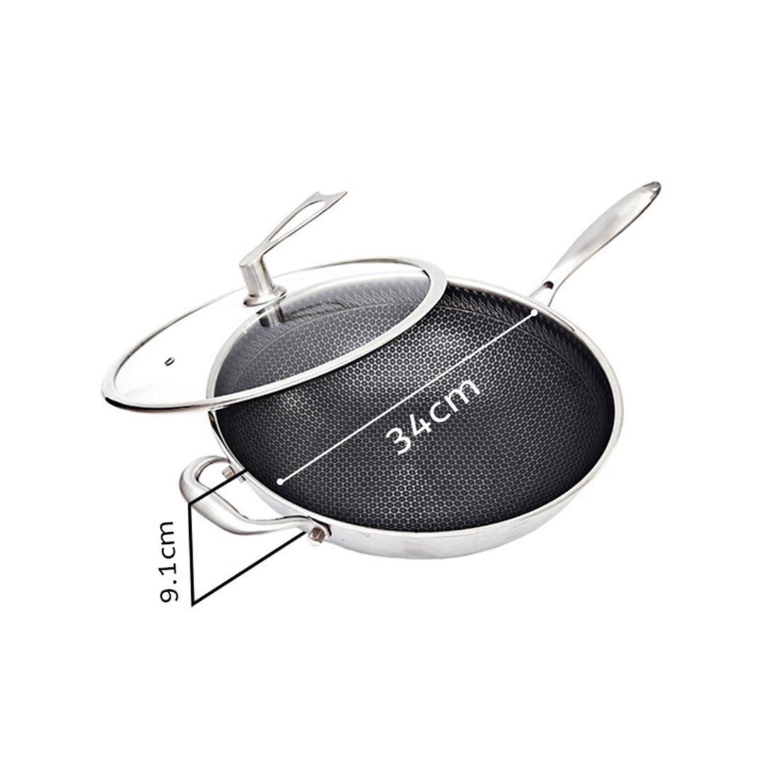 SOGA 2X 34cm Stainless Steel Tri-Ply Frying Cooking Fry Pan Textured Non Stick Skillet with Glass Lid and Helper Handle - Cafe Supply