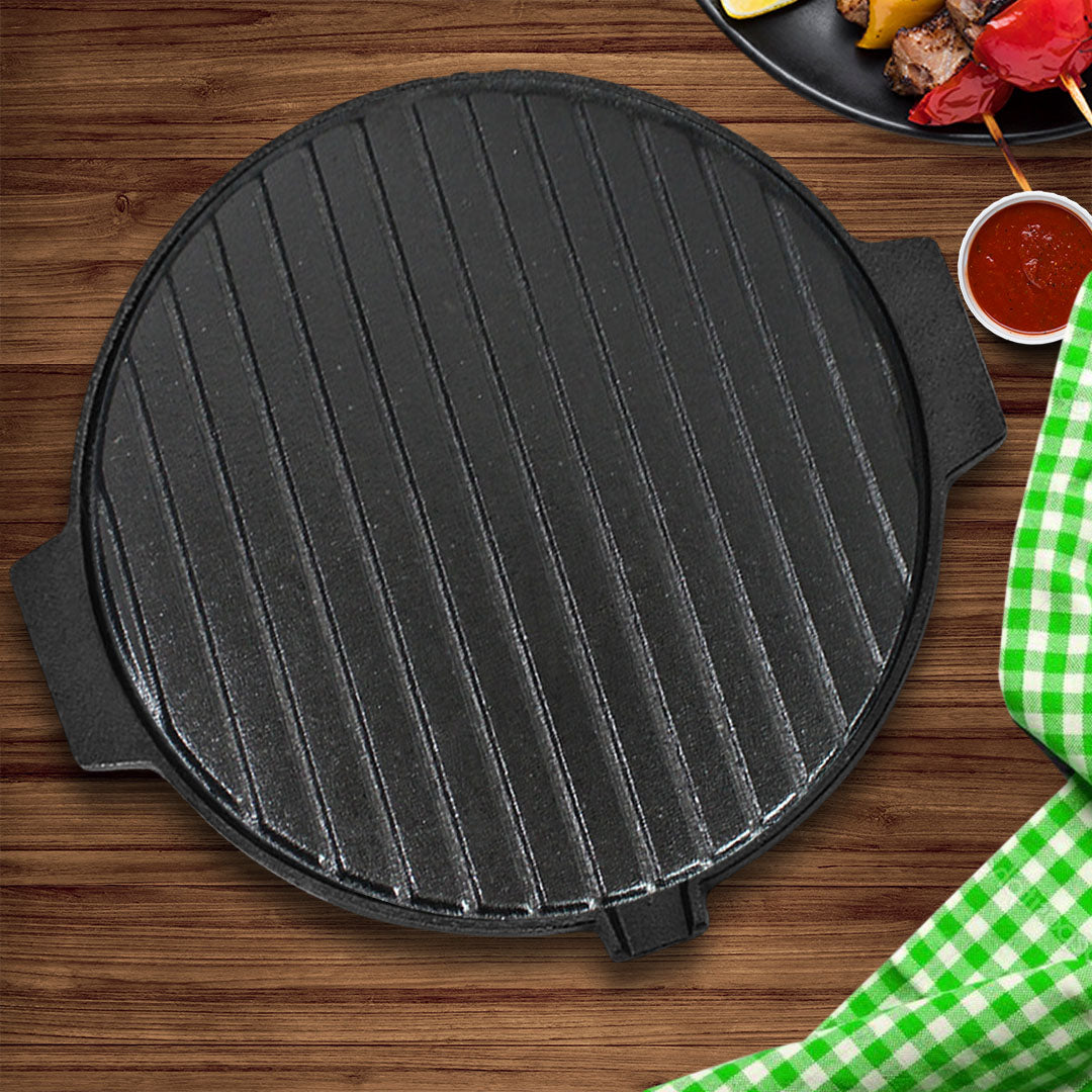 SOGA 2X 30CM Round Cast Iron Korean BBQ Grill Plate with Handles and Drip Lip - Cafe Supply