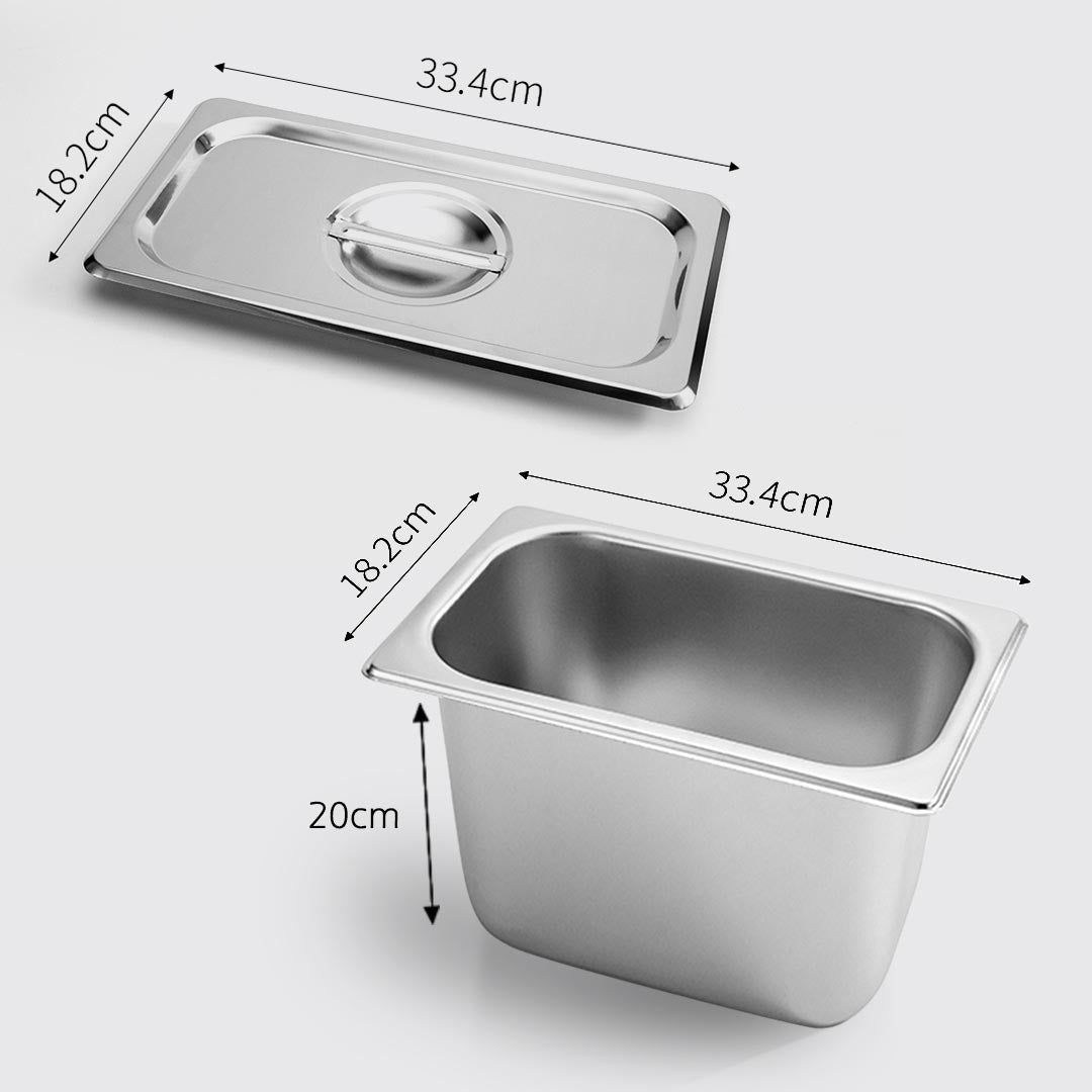 SOGA 2X Gastronorm GN Pan Full Size 1/3 GN Pan 20cm Deep Stainless Steel Tray With Lid - Cafe Supply