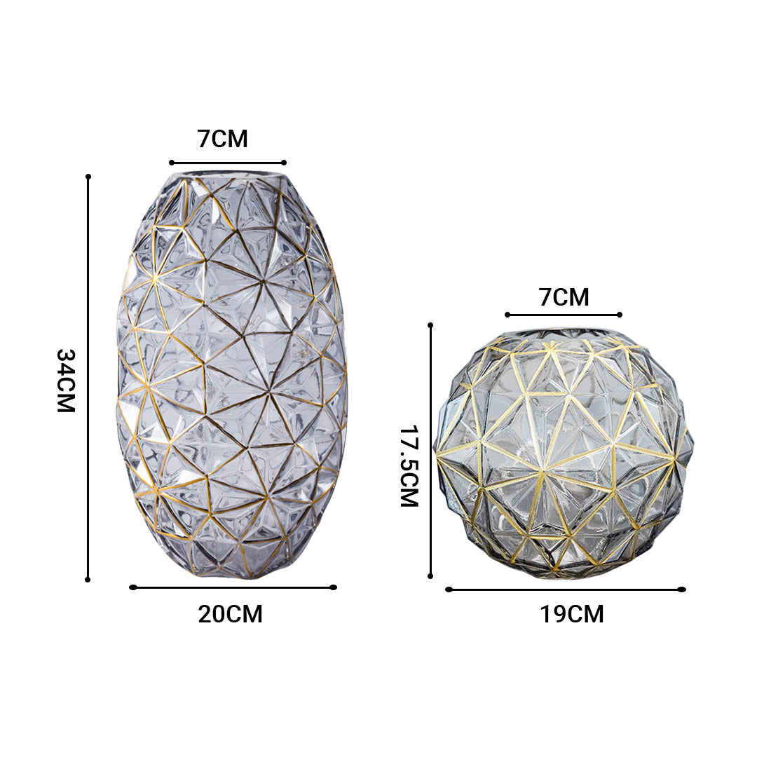 SOGA 2X Grey Colored Diamond Cut Glass Flower Vase Round Jar Home Decor with Gold Accent Large and Medium Set - Cafe Supply