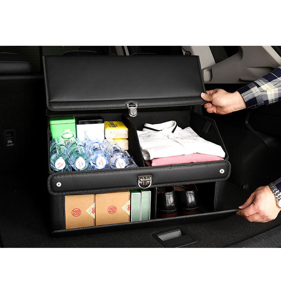 SOGA 60cm Leather Car Boot Collapsible Foldable Trunk Cargo Organizer Portable Storage Box with Lock Black - Cafe Supply