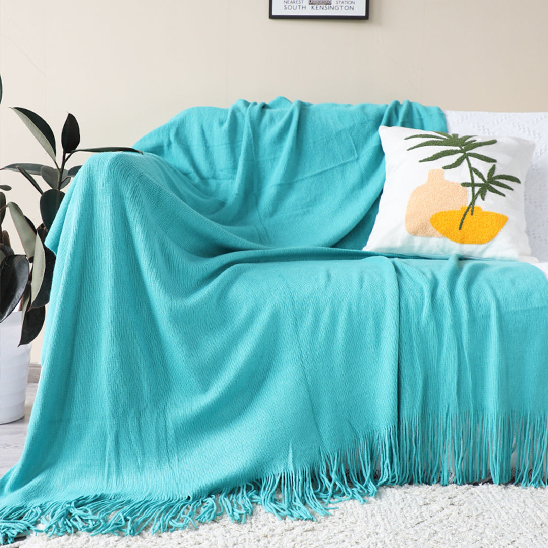 SOGA Teal Acrylic Knitted Throw Blanket Solid Fringed Warm Cozy Woven Cover Couch Bed Sofa Home Decor - Cafe Supply