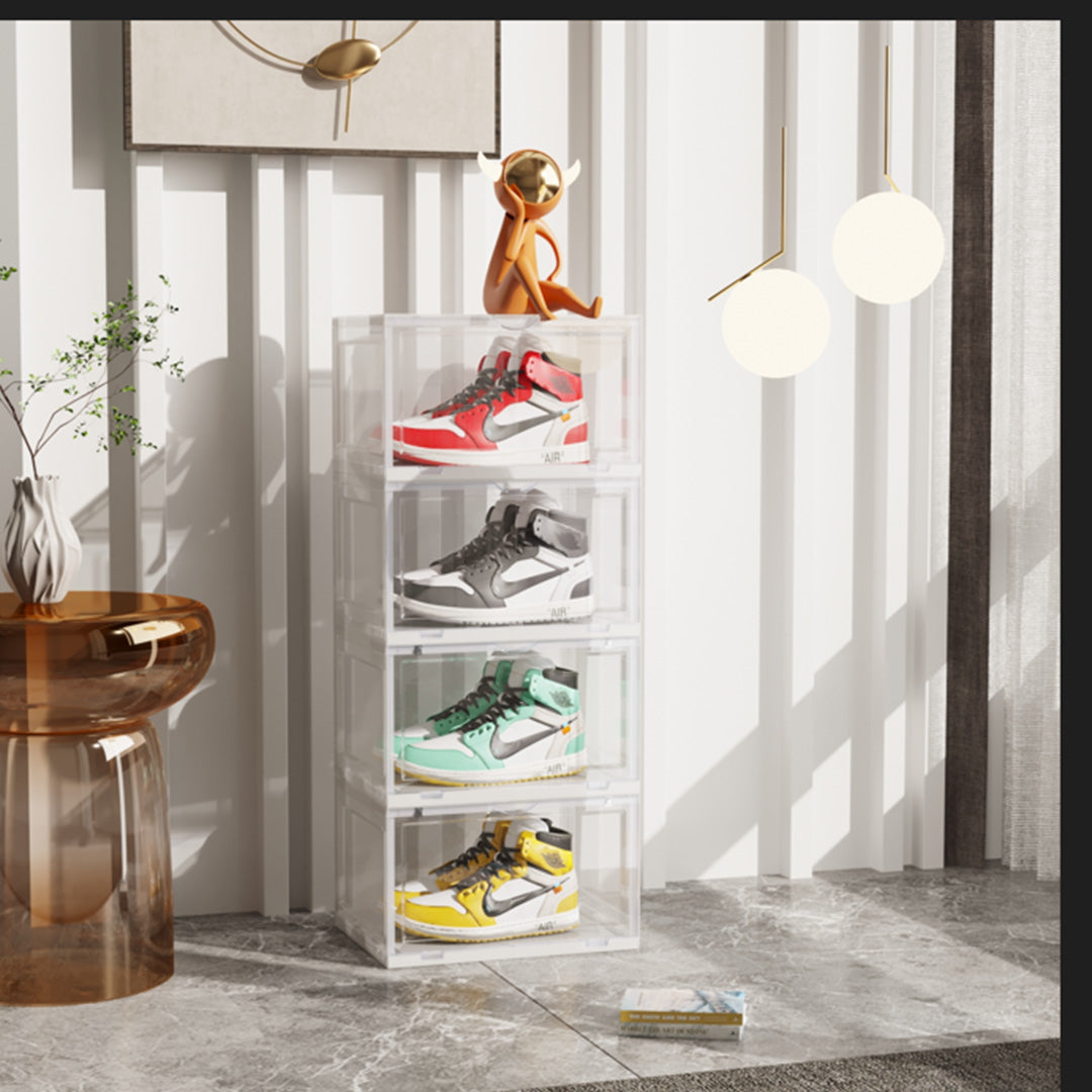 SOGA 2X 4 Tier Transparent Portable Shoe Organiser Sneaker Footwear Folding Plastic Bin Stackable Storage Box with Magnetic Door - Cafe Supply