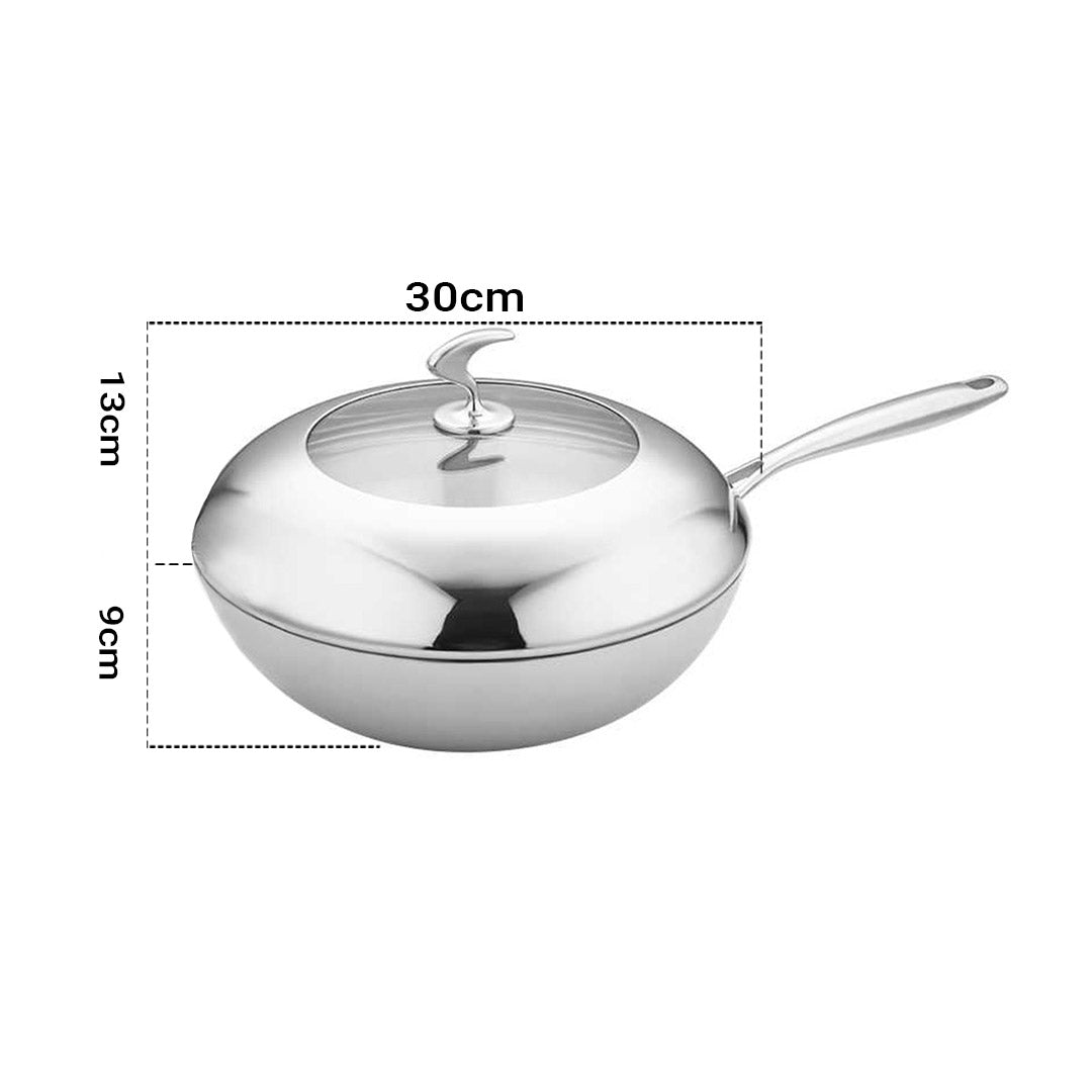 SOGA 18/10 Stainless Steel Fry Pan 30cm Frying Pan Top Grade Cooking Non Stick Interior Skillet with Lid - Cafe Supply