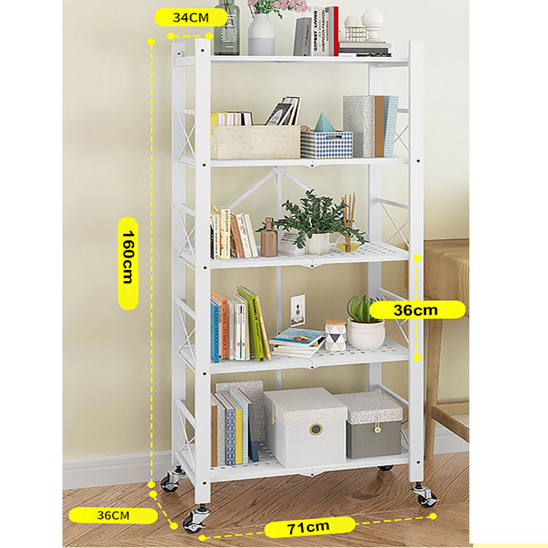 SOGA 5 Tier Steel White Foldable Display Stand Multi-Functional Shelves Portable Storage Organizer with Wheels - Cafe Supply