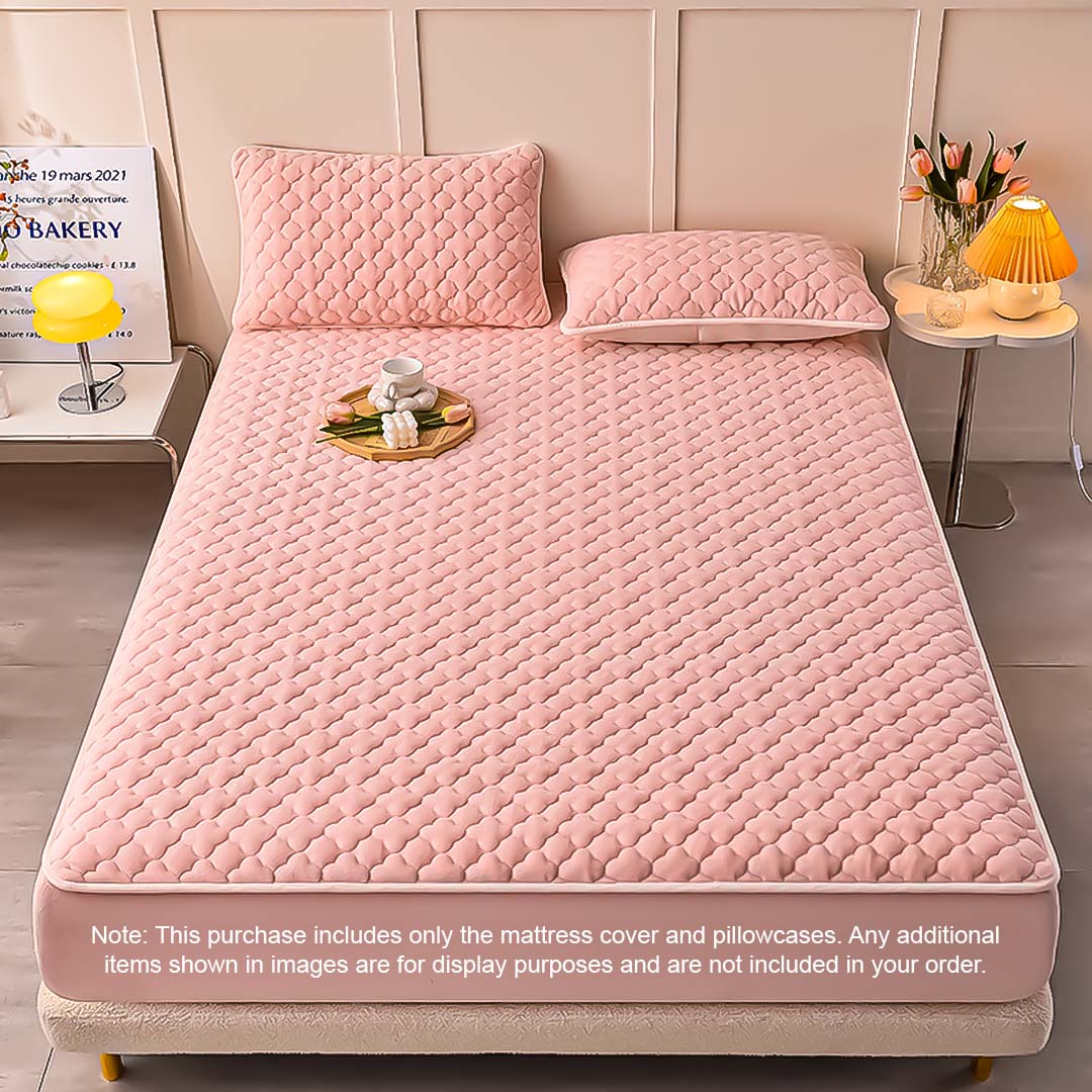 SOGA 2X Pink 153cm Wide Mattress Cover Thick Quilted Fleece Stretchable Clover Design Bed Spread Sheet Protector with Pillow Covers - Cafe Supply