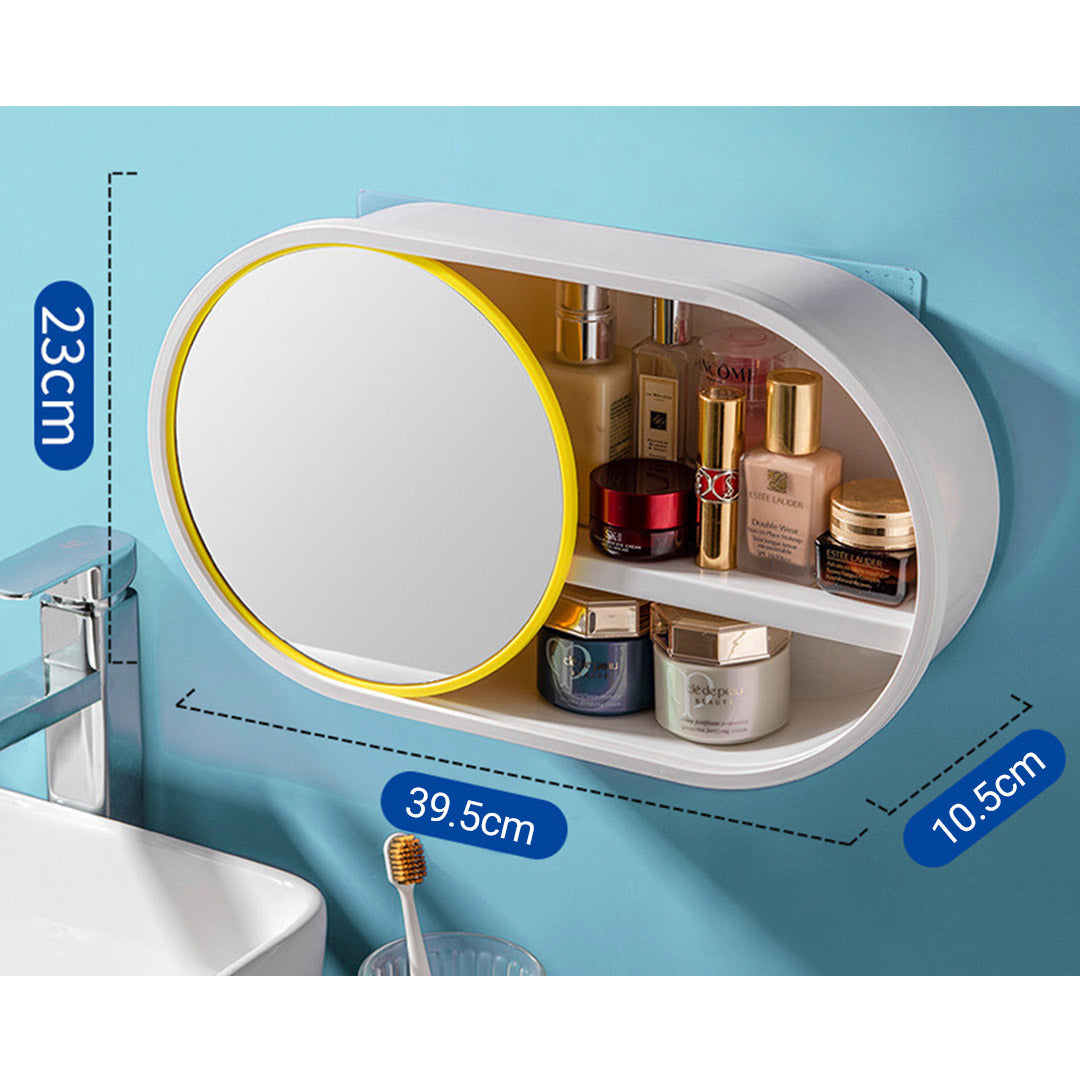 SOGA 39cm Oval Wall-Mounted Mirror Storage Box Vanity Mirror Rack Bathroom Adhesive Shelf Home Organiser Decor - Cafe Supply