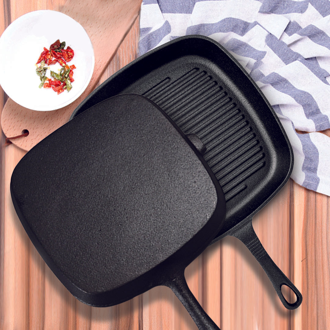 SOGA 2X 23.5cm Square Ribbed Cast Iron Frying Pan Skillet Steak Sizzle Platter with Handle - Cafe Supply