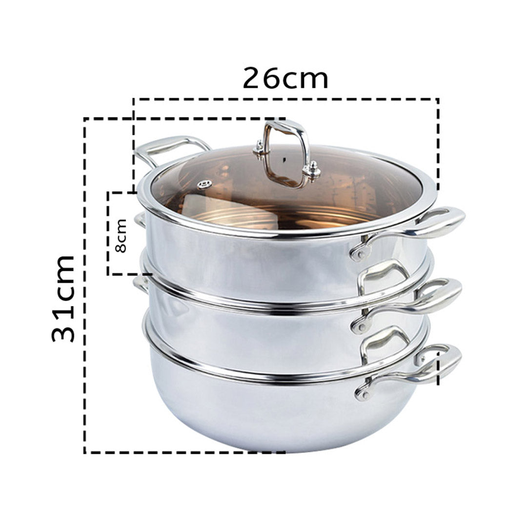 SOGA 3 Tier 26cm Heavy Duty Stainless Steel Food Steamer Vegetable Pot Stackable Pan Insert with Glass Lid - Cafe Supply