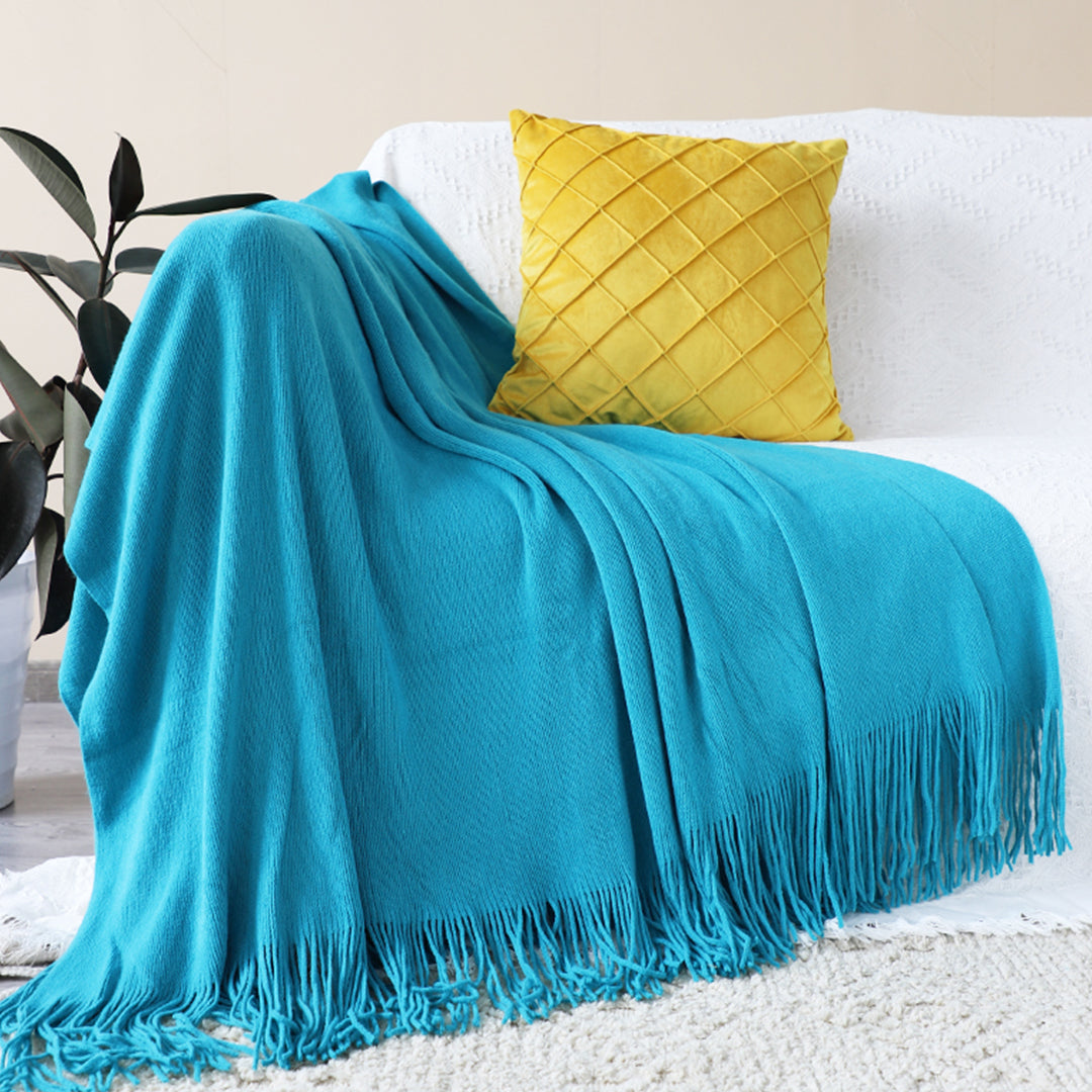 SOGA Blue Acrylic Knitted Throw Blanket Solid Fringed Warm Cozy Woven Cover Couch Bed Sofa Home Decor - Cafe Supply